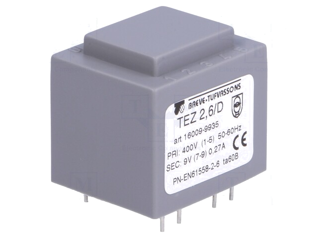 Transformator: ingegoten; 2,5VA; 400VAC; 9V; 277,8mA; PCB; IP00 Transformator: ingegoten; 2,5VA; 400VAC; 9V; 277,8mA; PCB; IP00